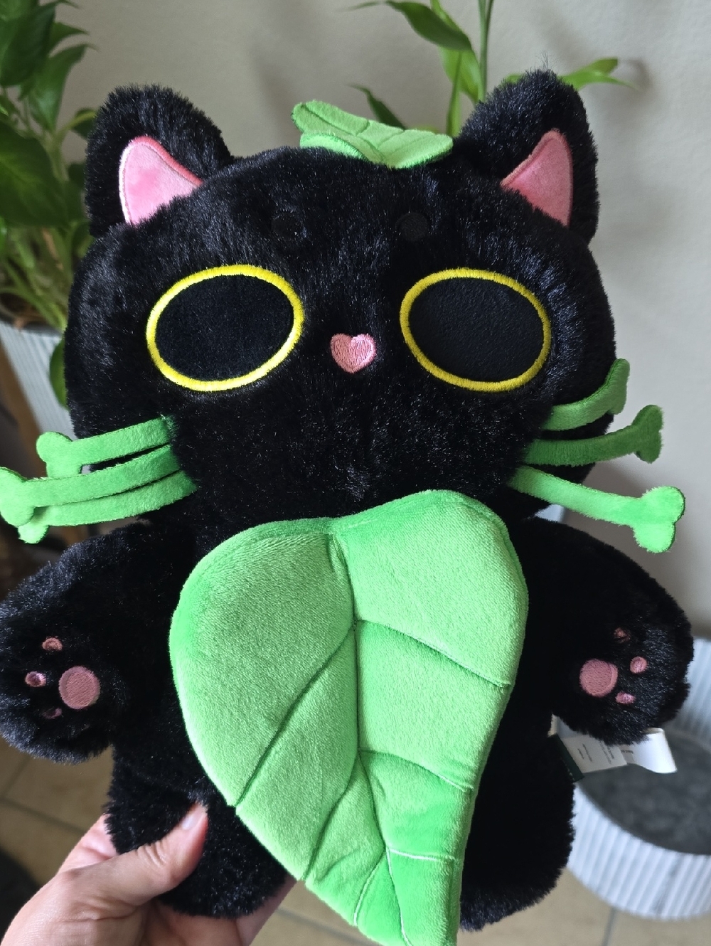 Black Plush Cat with Green Leaf Accent - Cute Stuffie Stuffed Animal Collectible